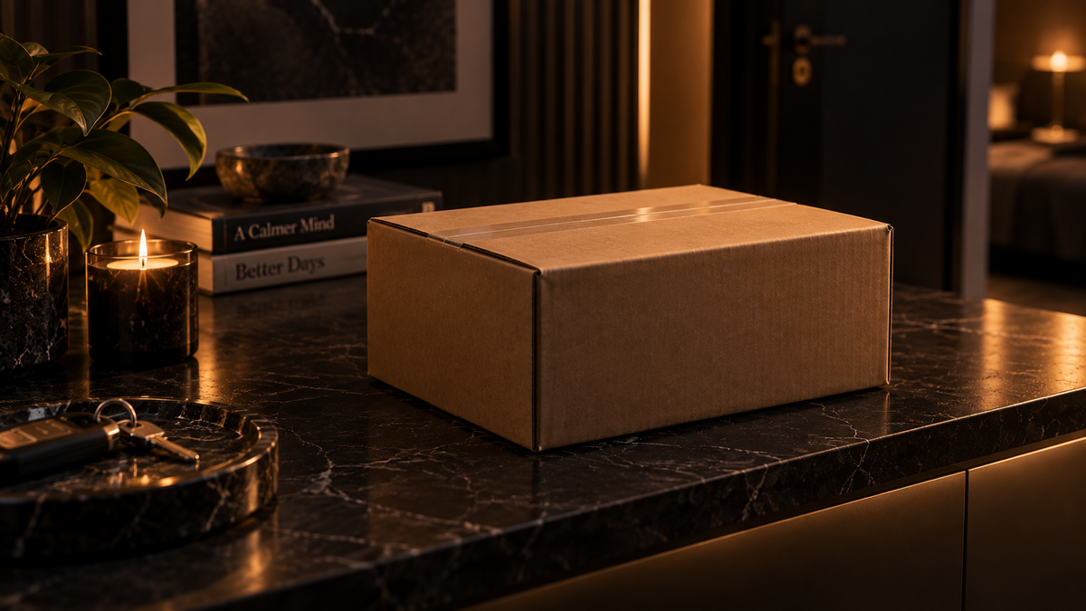 Plain unbranded shipping carton representing discreet delivery