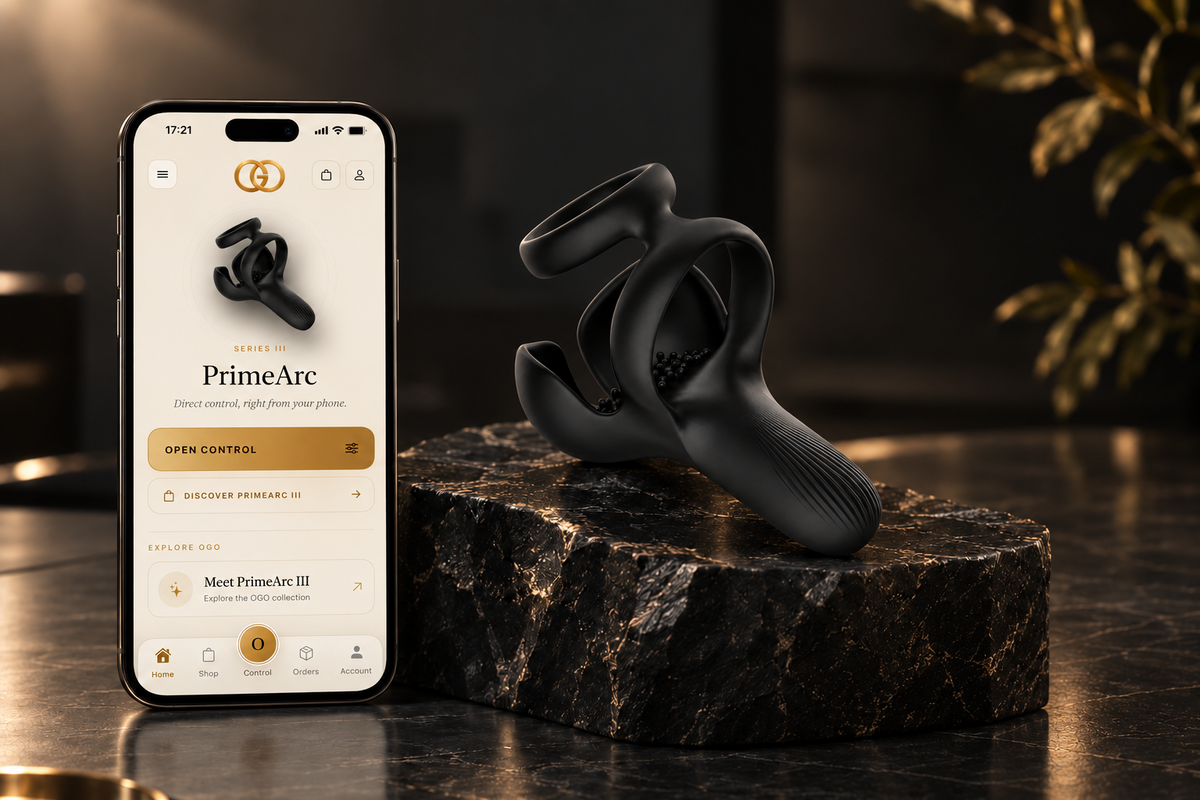 PrimeArc III beside the OGO app in a premium dark setting